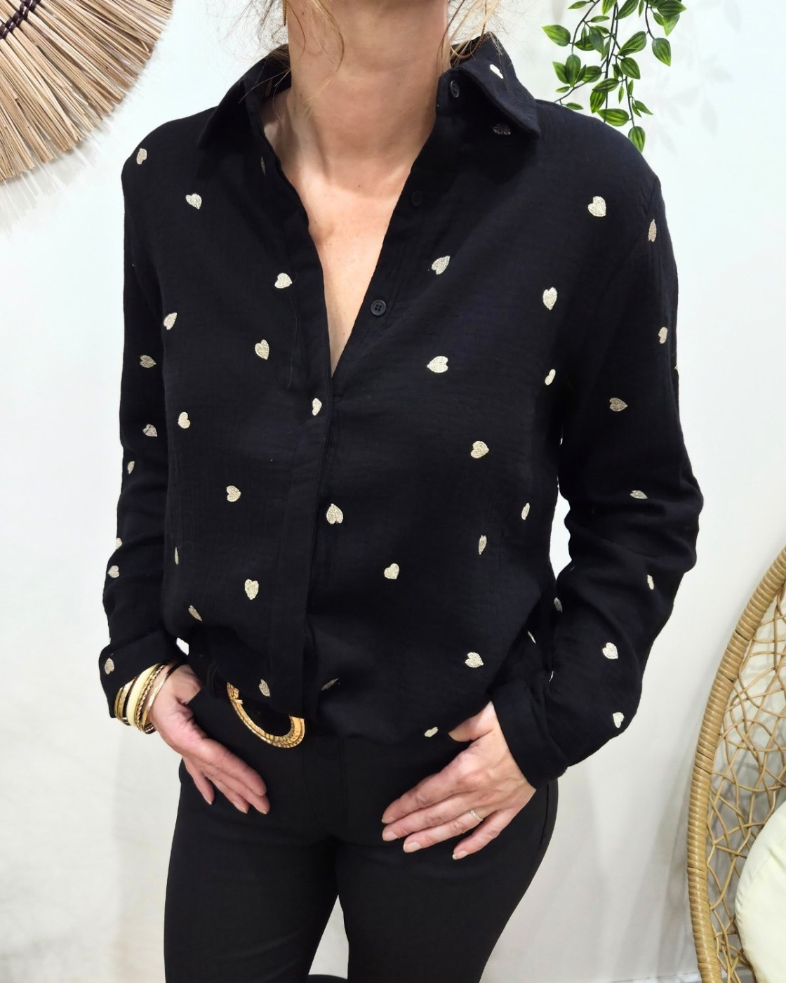Chemisier coton gaz noir coeurs dorés