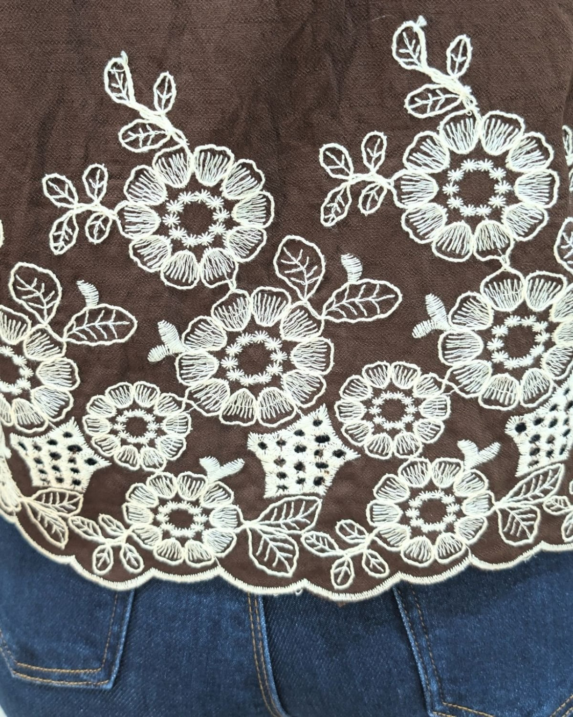 Chemisier femme marron broderies fleuries beiges Soliane