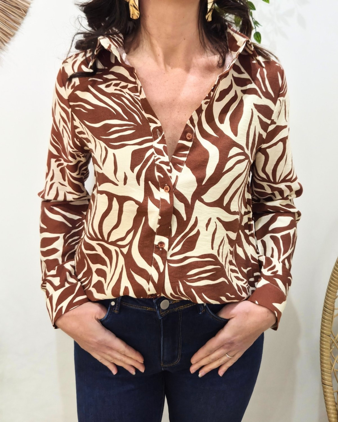 Chemisier femme terracotta et beige feuillages Norina