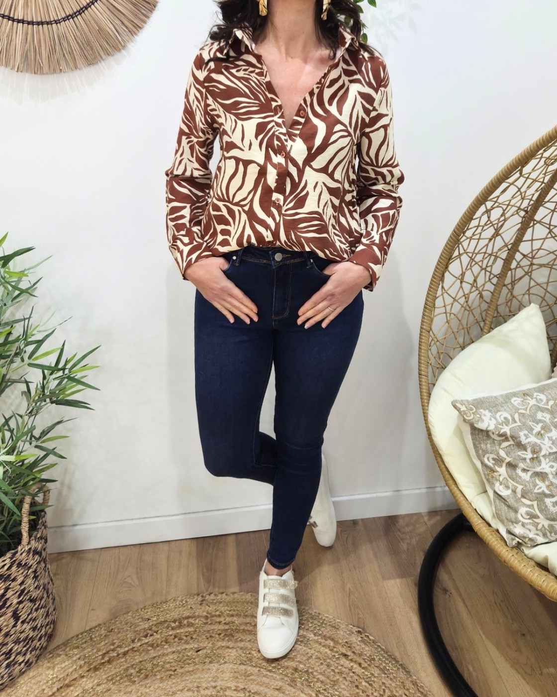 Chemisier femme terracotta et beige feuillages Norina