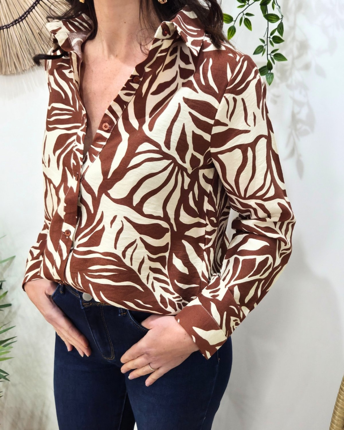 Chemisier femme terracotta et beige feuillages Norina