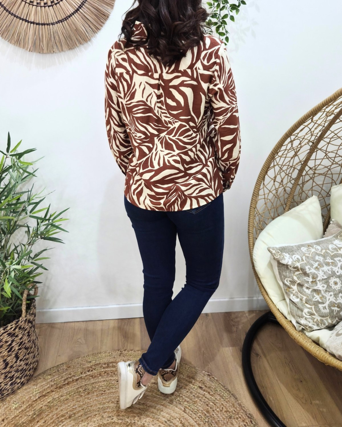 Chemisier femme terracotta et beige feuillages Norina