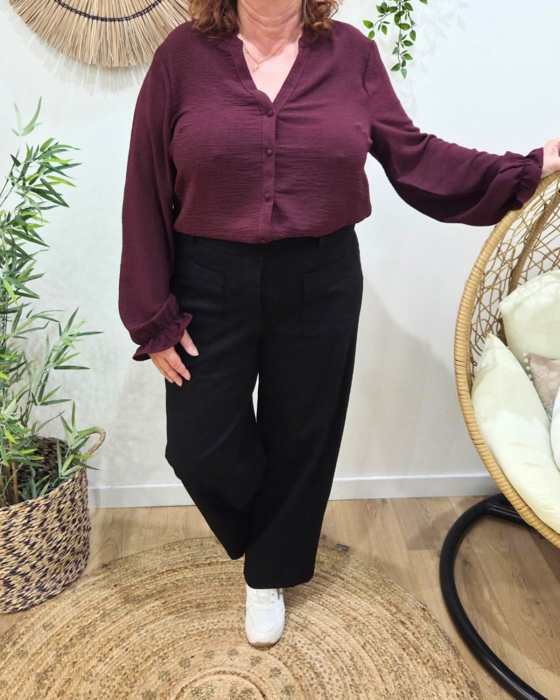 Chemisier femme bordeaux col mao Edena