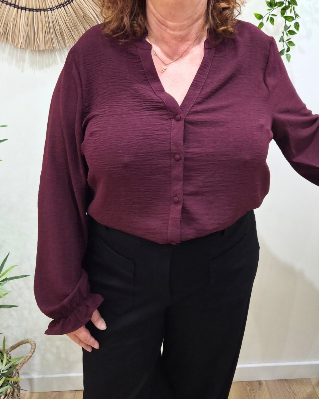 Chemisier femme bordeaux col mao Edena