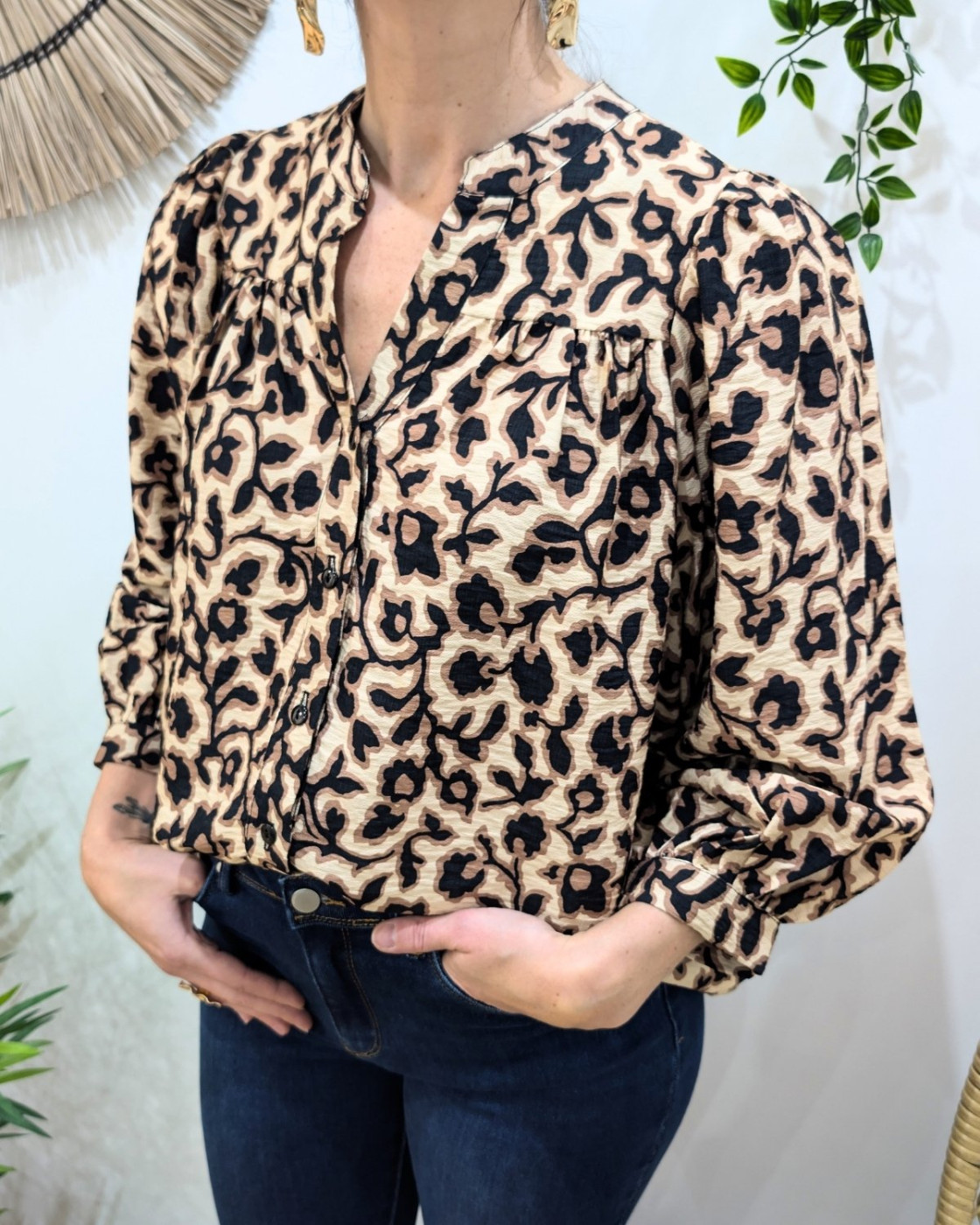 Chemisier femme noir motifs fleuris beiges et camels Isabelle