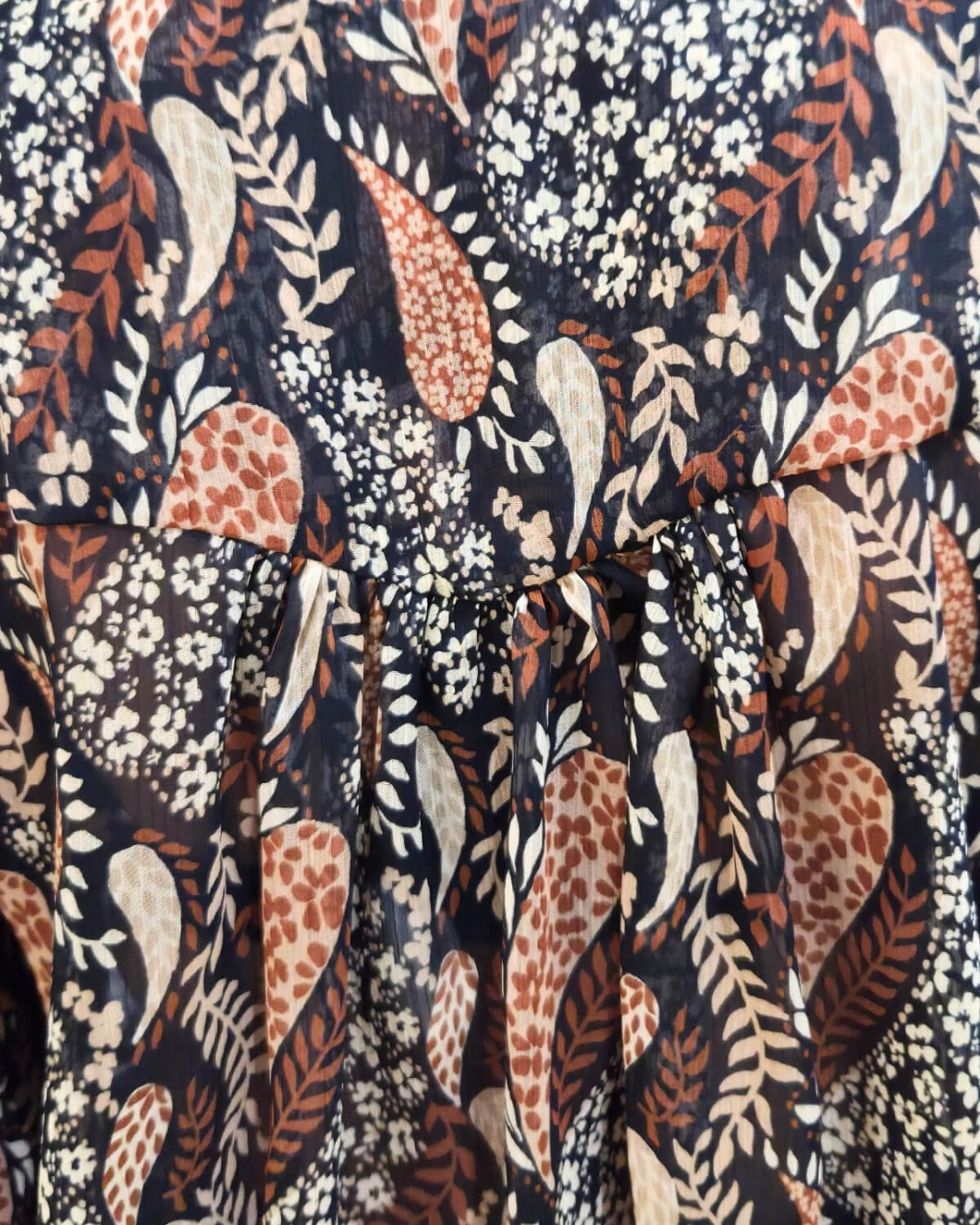 Chemisier femme noir feuillages beiges et terracottas Calla