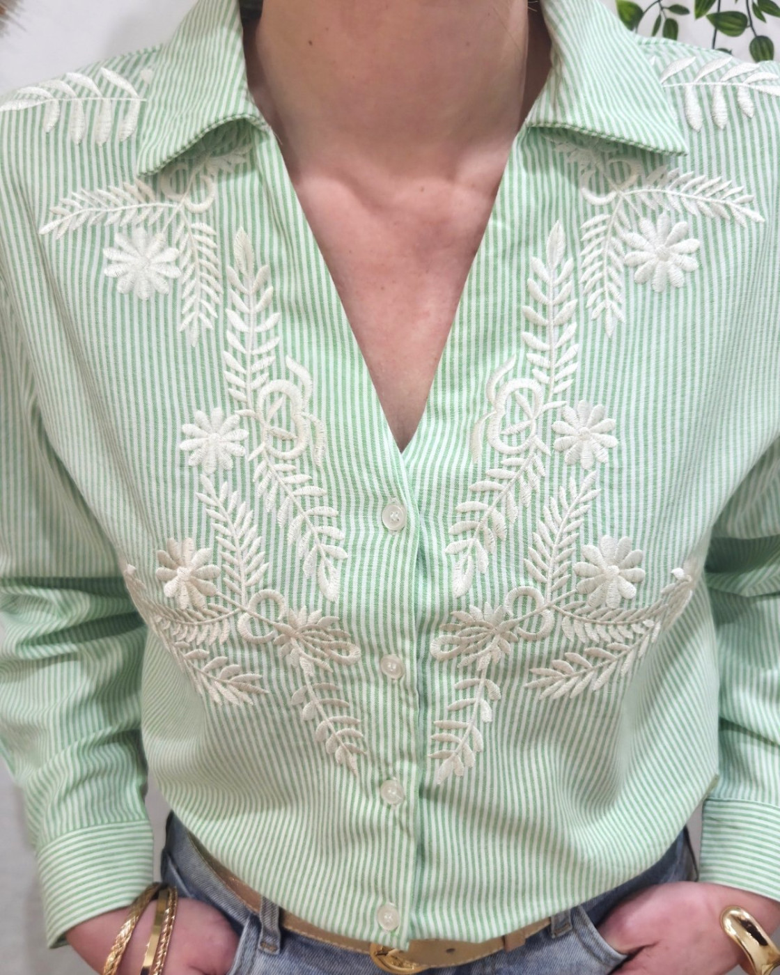 Chemisier femme rayé vert et blanc broderies feuillages