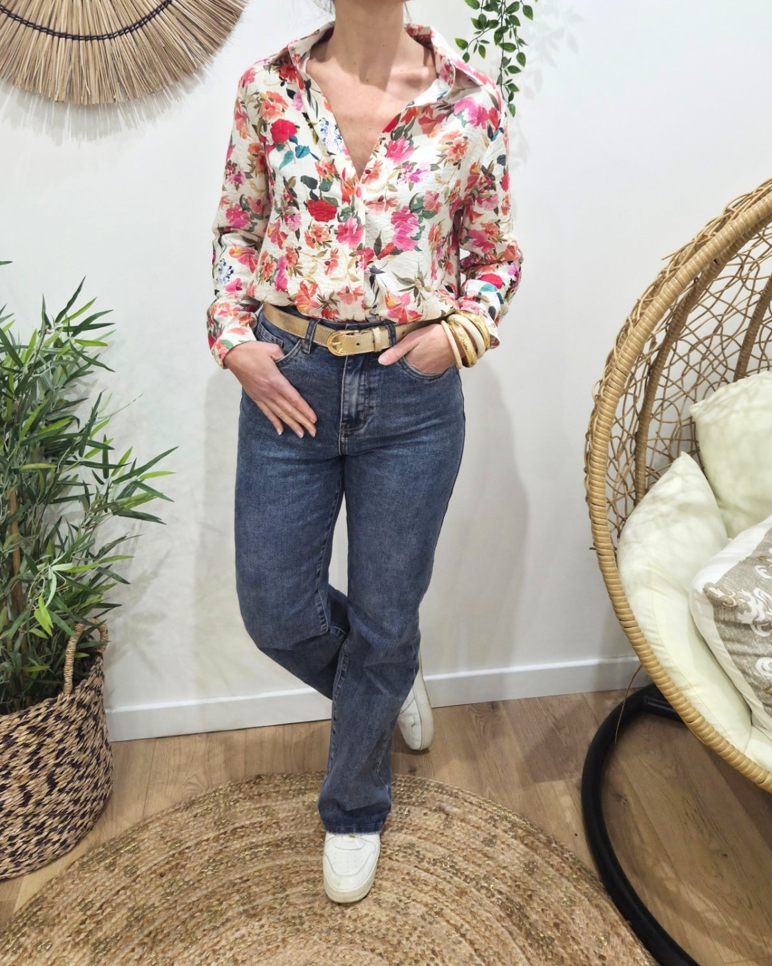 Chemisier femme écru fleurs roses orangées Aurelia