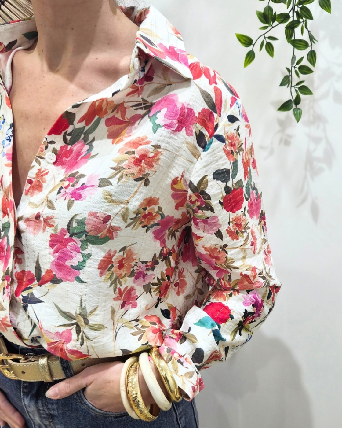 Chemisier femme écru fleurs roses orangées Aurelia