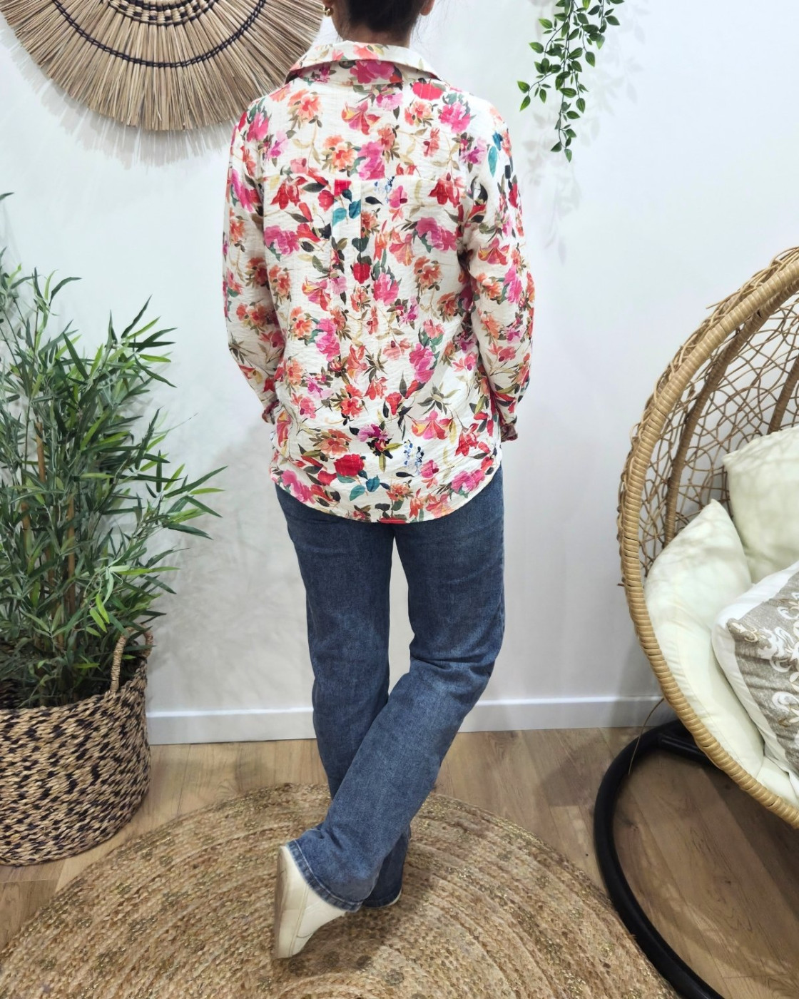 Chemisier femme écru fleurs roses orangées Aurelia