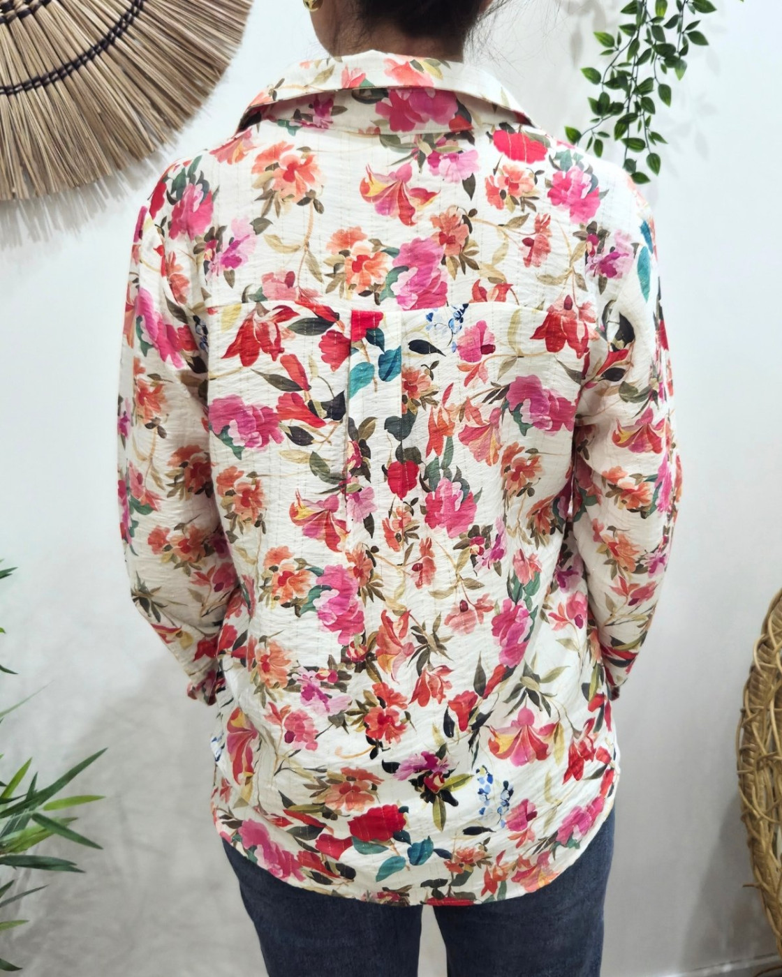 Chemisier femme écru fleurs roses orangées Aurelia