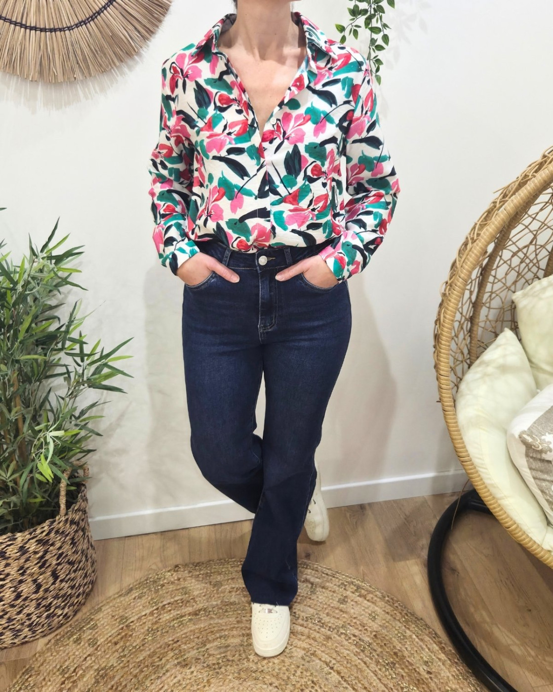 Chemisier femme écru fleurs roses et vertes Catalina