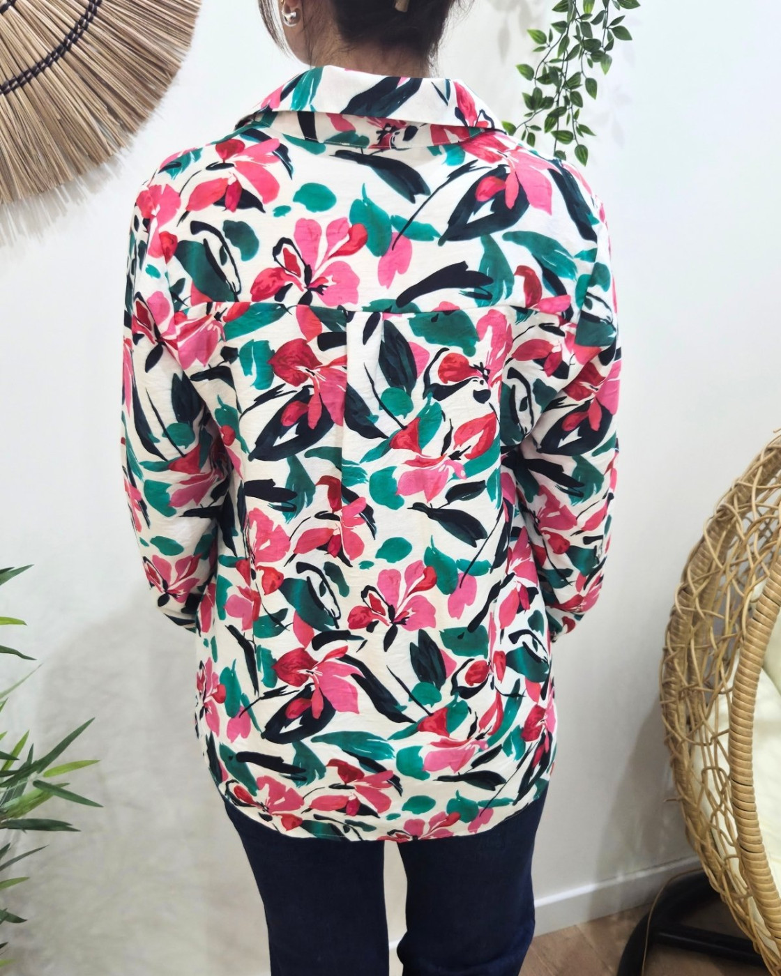Chemisier femme écru fleurs roses et vertes Catalina
