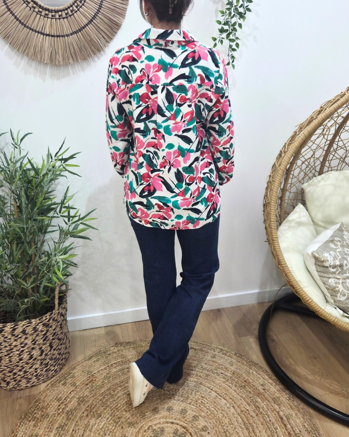 Chemisier femme écru fleurs roses et vertes Catalina