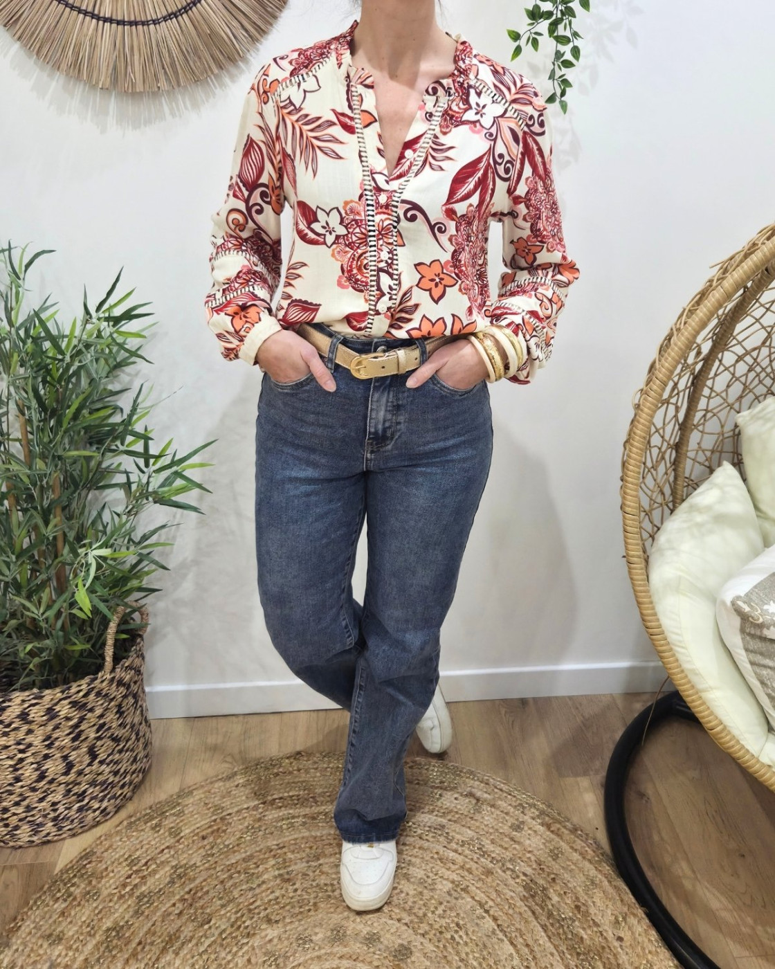 Chemisier femme écru fleurs rouges orangées Faustina