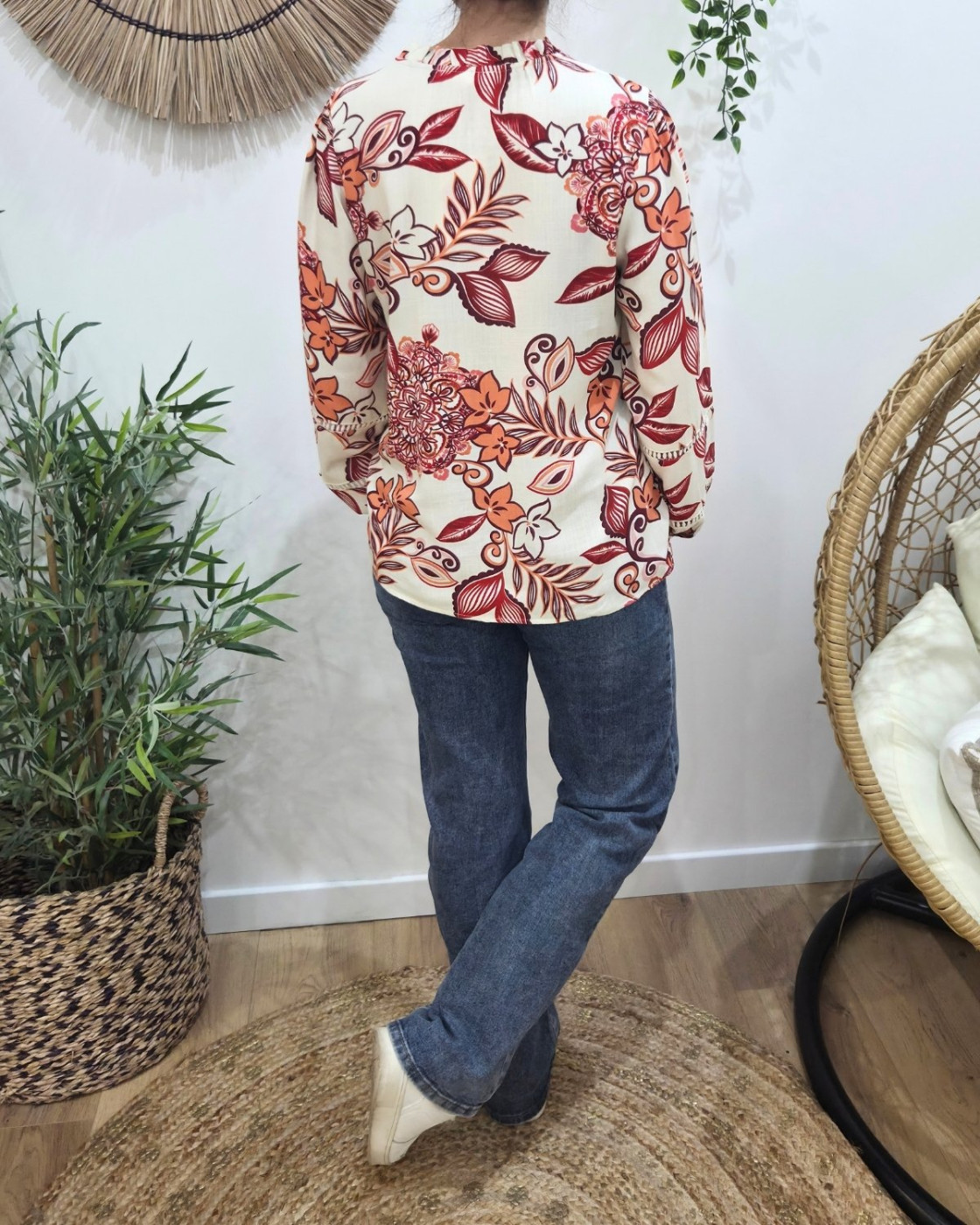 Chemisier femme écru fleurs rouges orangées Faustina