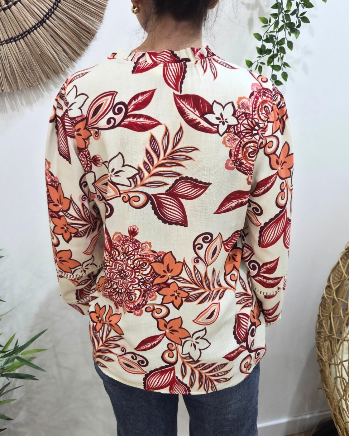 Chemisier femme écru fleurs rouges orangées Faustina