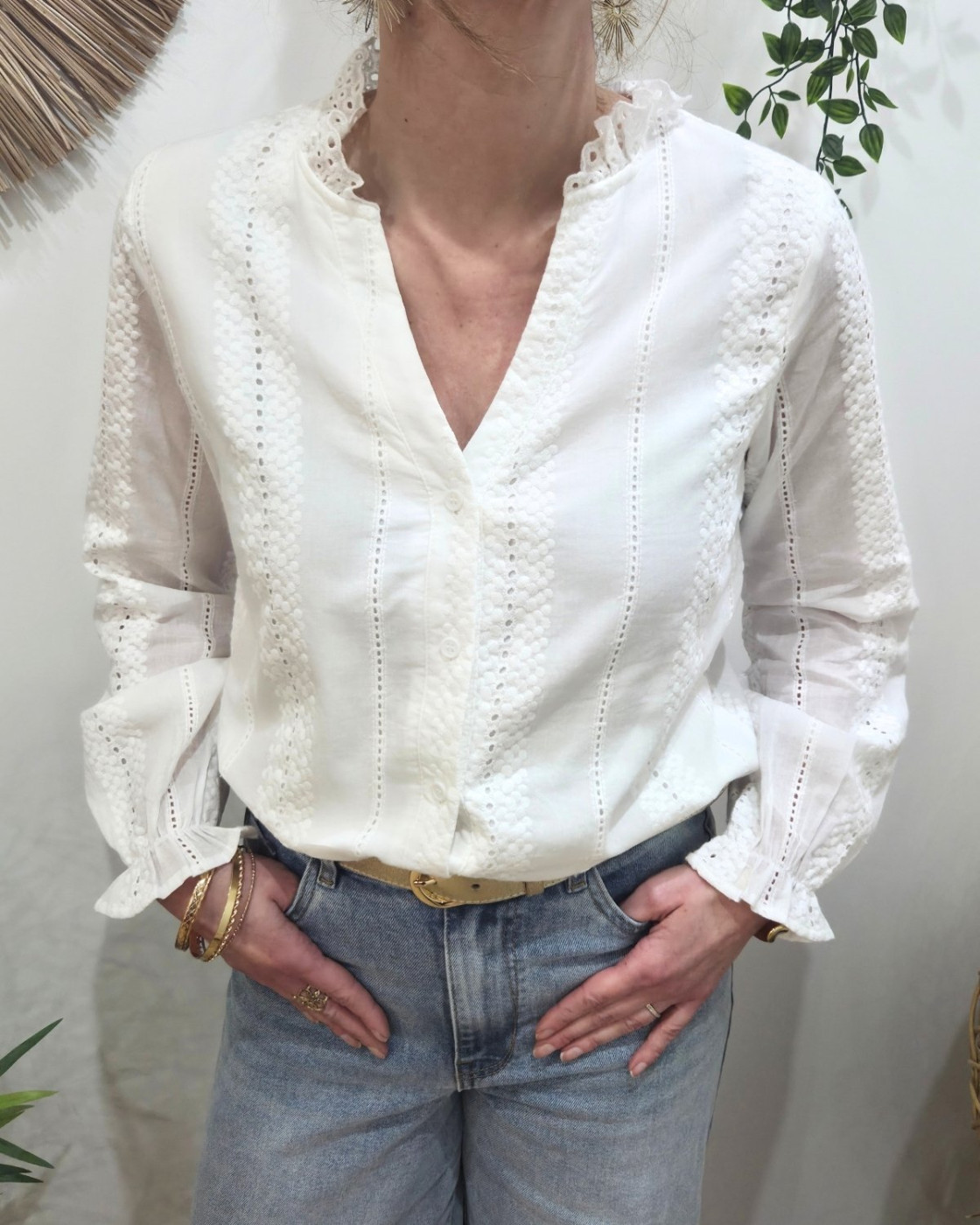 Chemisier femme blanc broderies fleuries ajourées Leonora