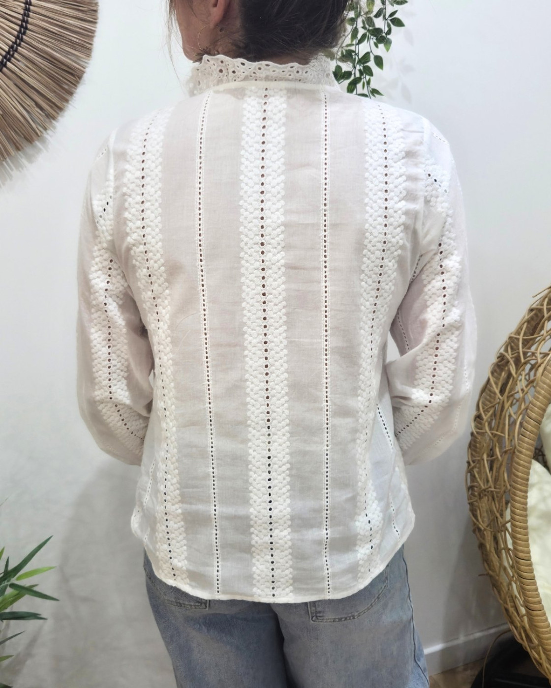 Chemisier femme blanc broderies fleuries ajourées Leonora
