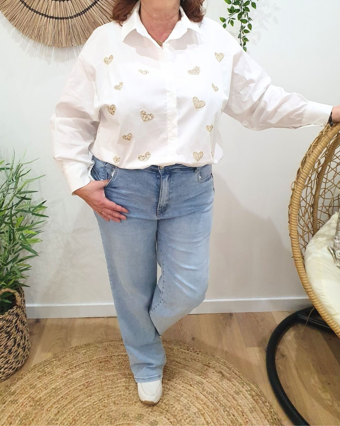 Chemisier femme oversize broderie coeur et sequins dorés