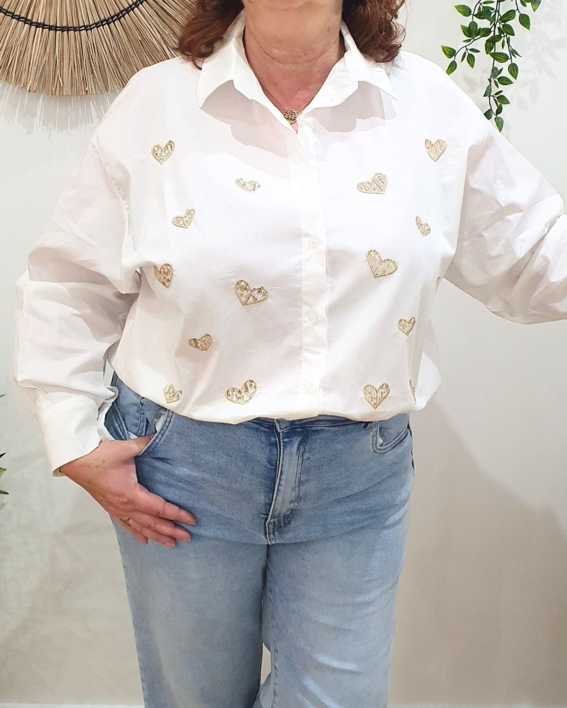 Chemisier femme oversize broderie coeur et sequins dorés