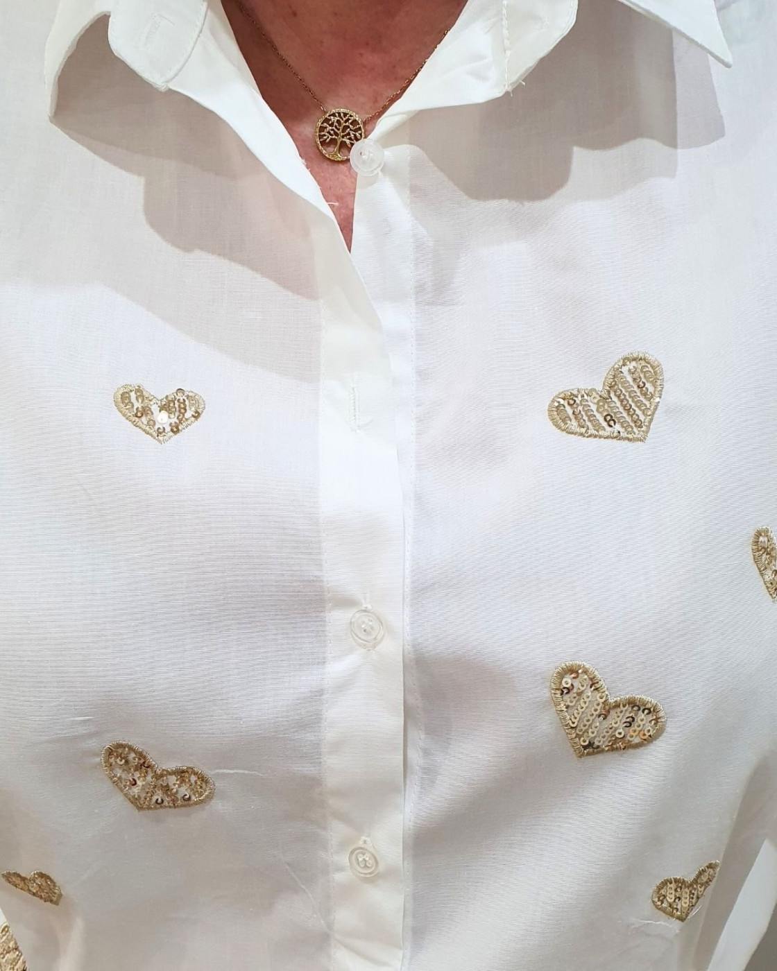 Chemisier femme oversize broderie coeur et sequins dorés