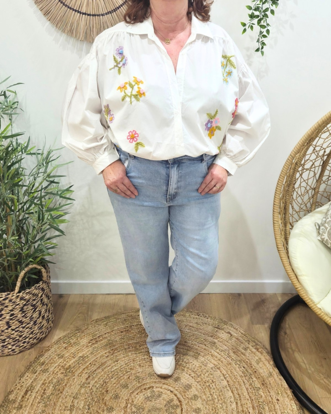 Chemisier femme oversize broderie fleurs