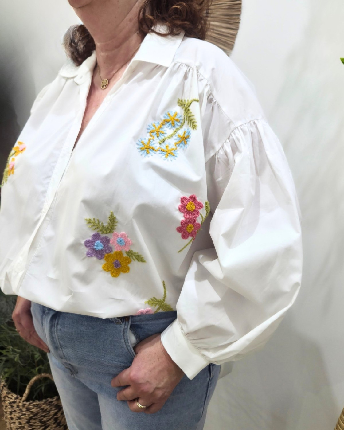 Chemisier femme oversize broderie fleurs