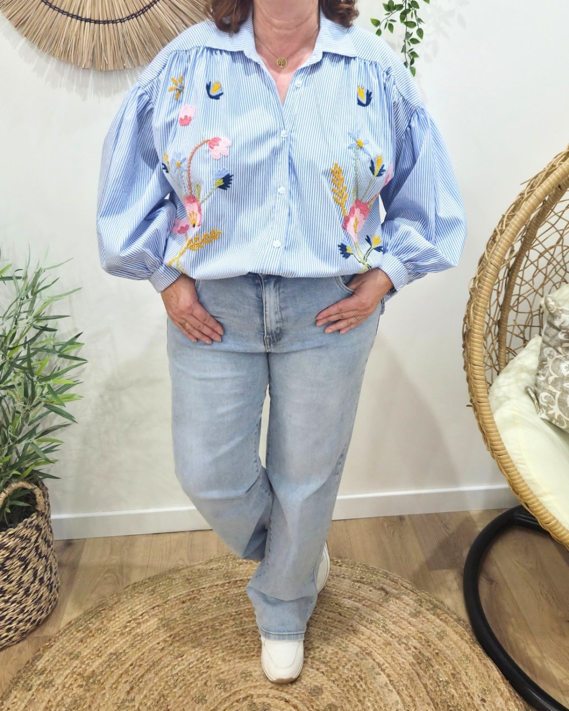 Chemisier à rayures femme oversize broderie fleurs
