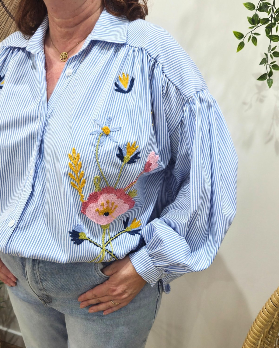 Chemisier à rayures femme oversize broderie fleurs