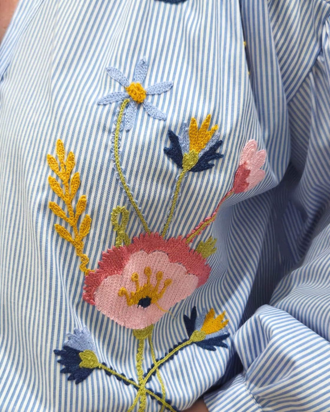 Chemisier à rayures femme oversize broderie fleurs