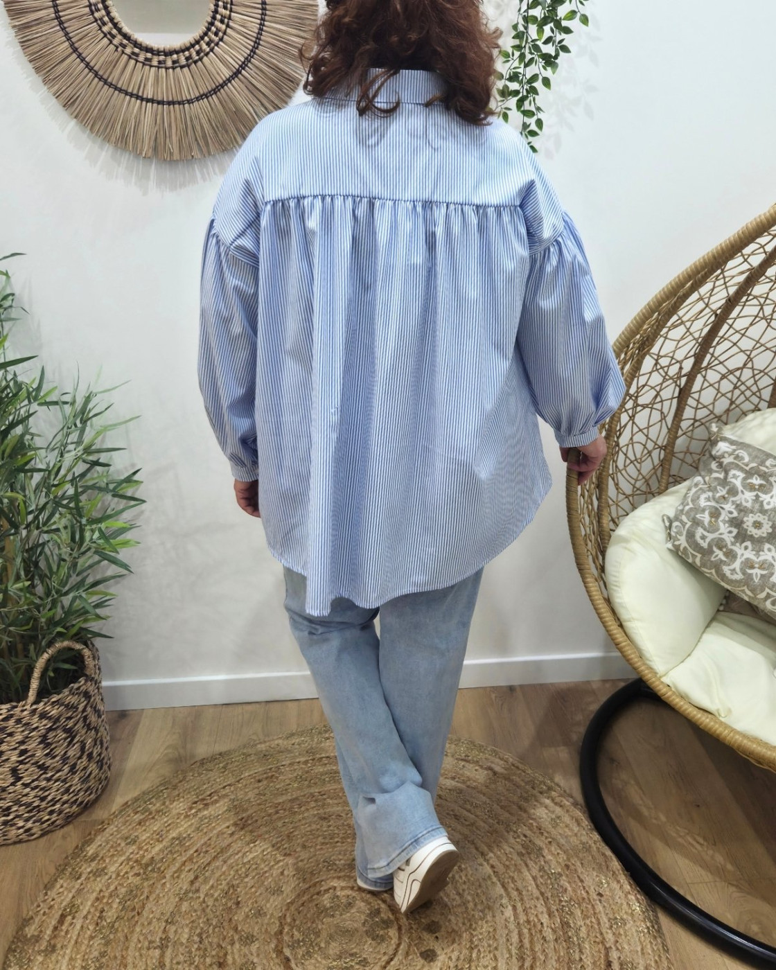 Chemisier à rayures femme oversize broderie fleurs