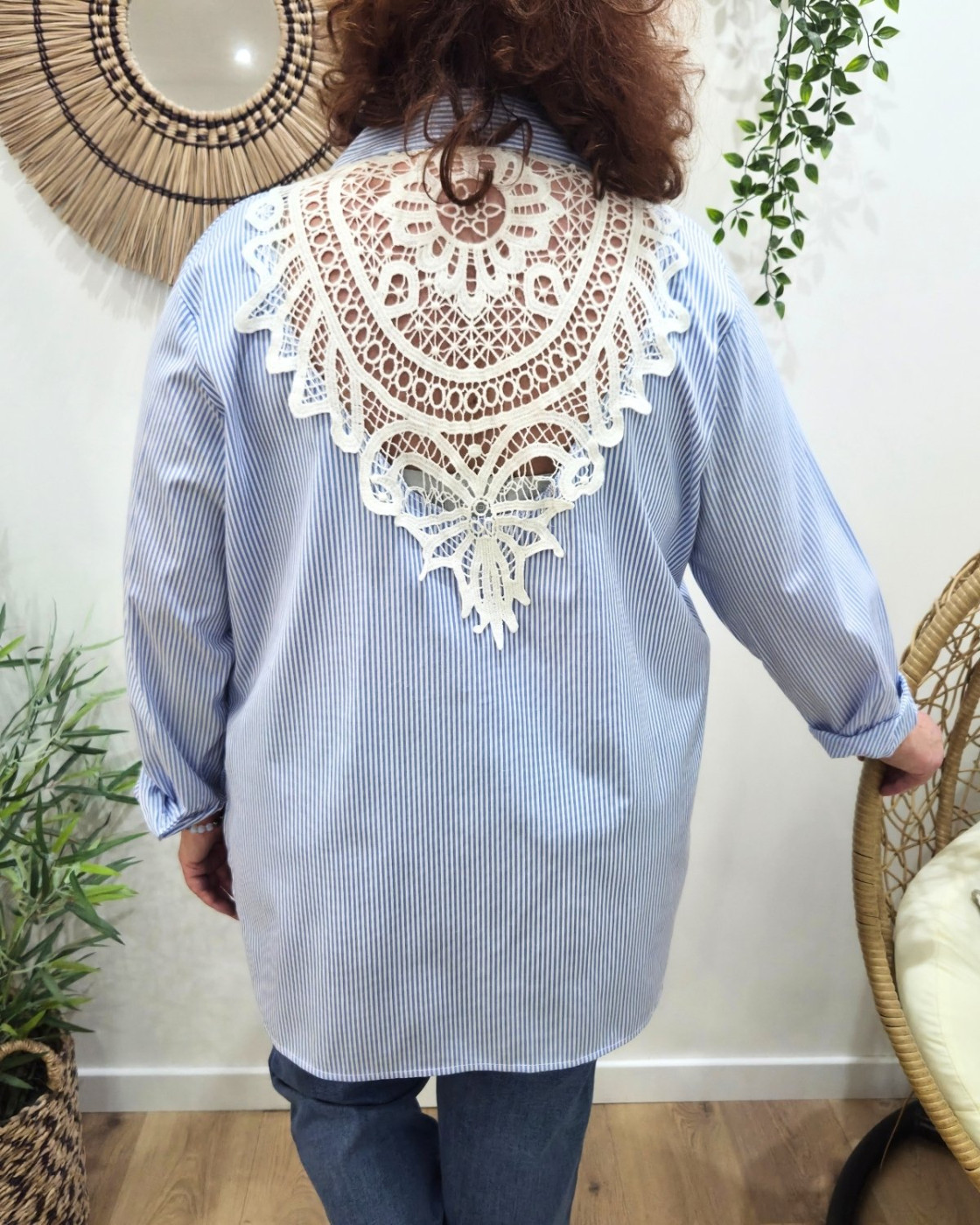 Chemisier femme oversize rayures et dos dentelle