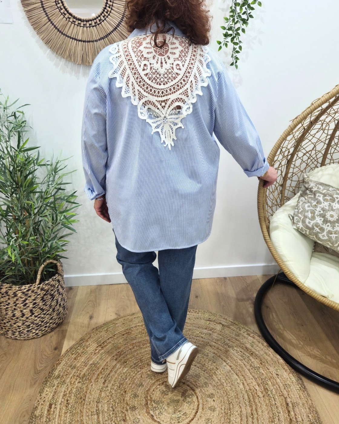 Chemisier femme oversize rayures et dos dentelle