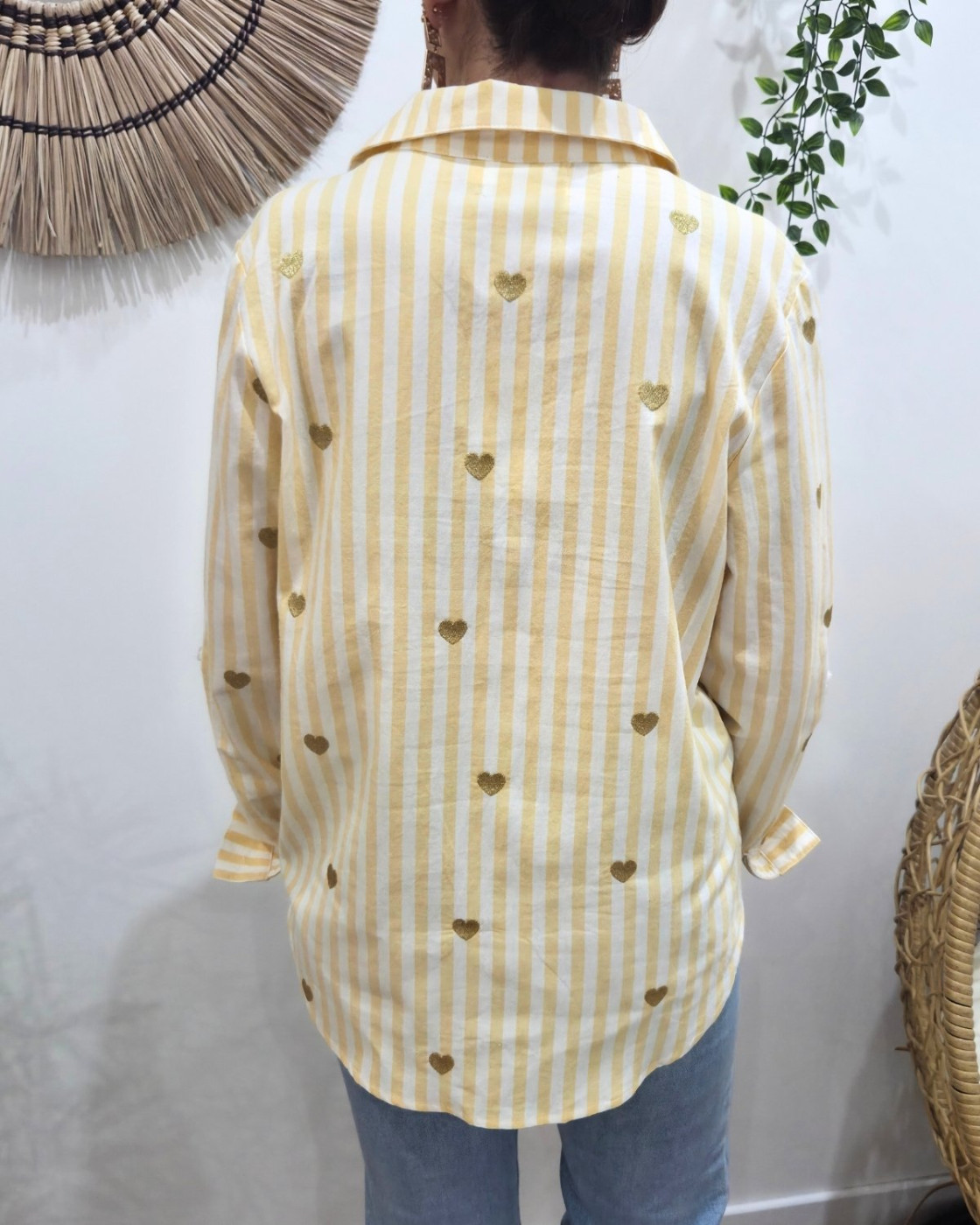 Chemisier femme rayé jaune et écru coeurs brodés dorés