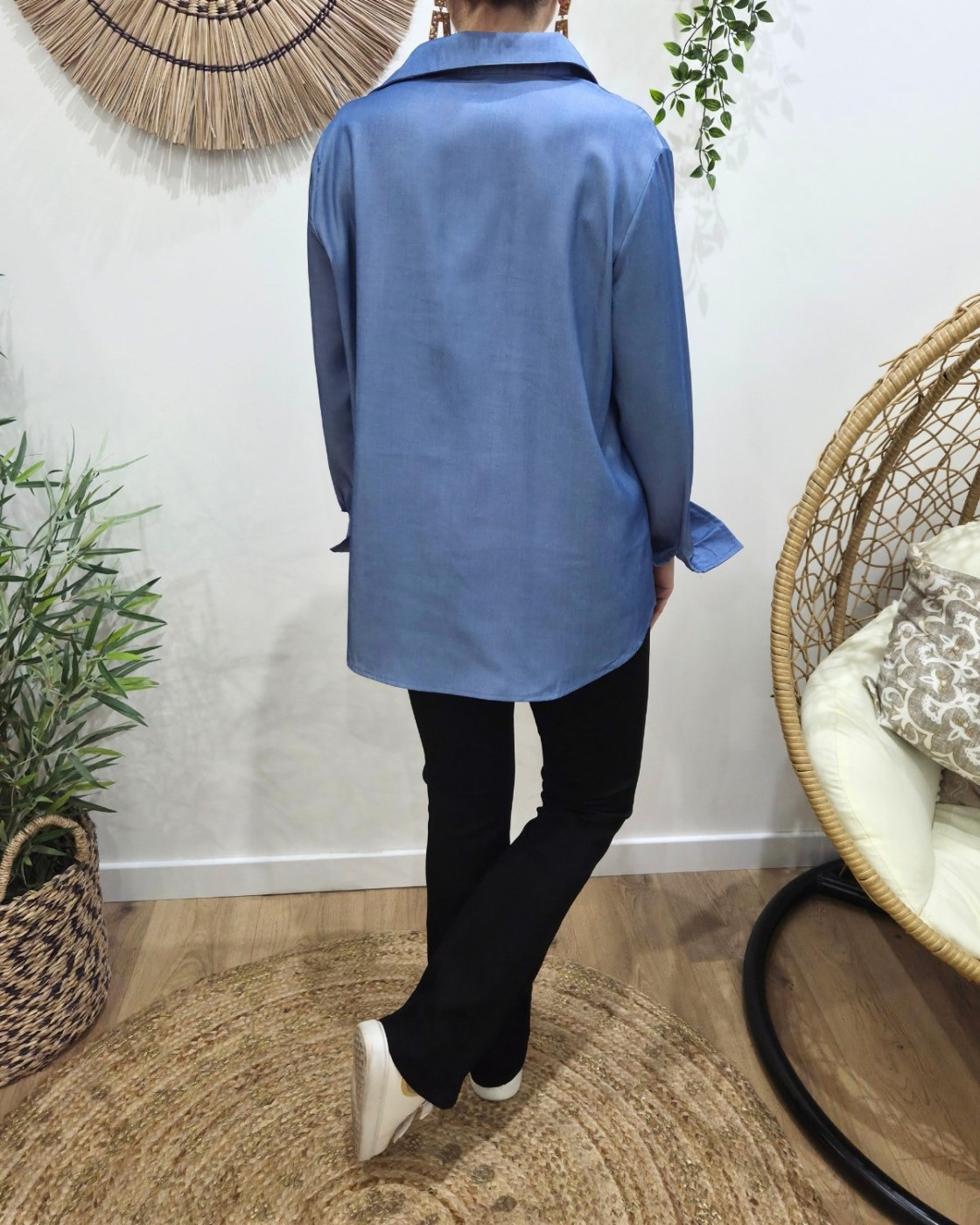 Chemisier femme coton bleu jean coeur rose fluo