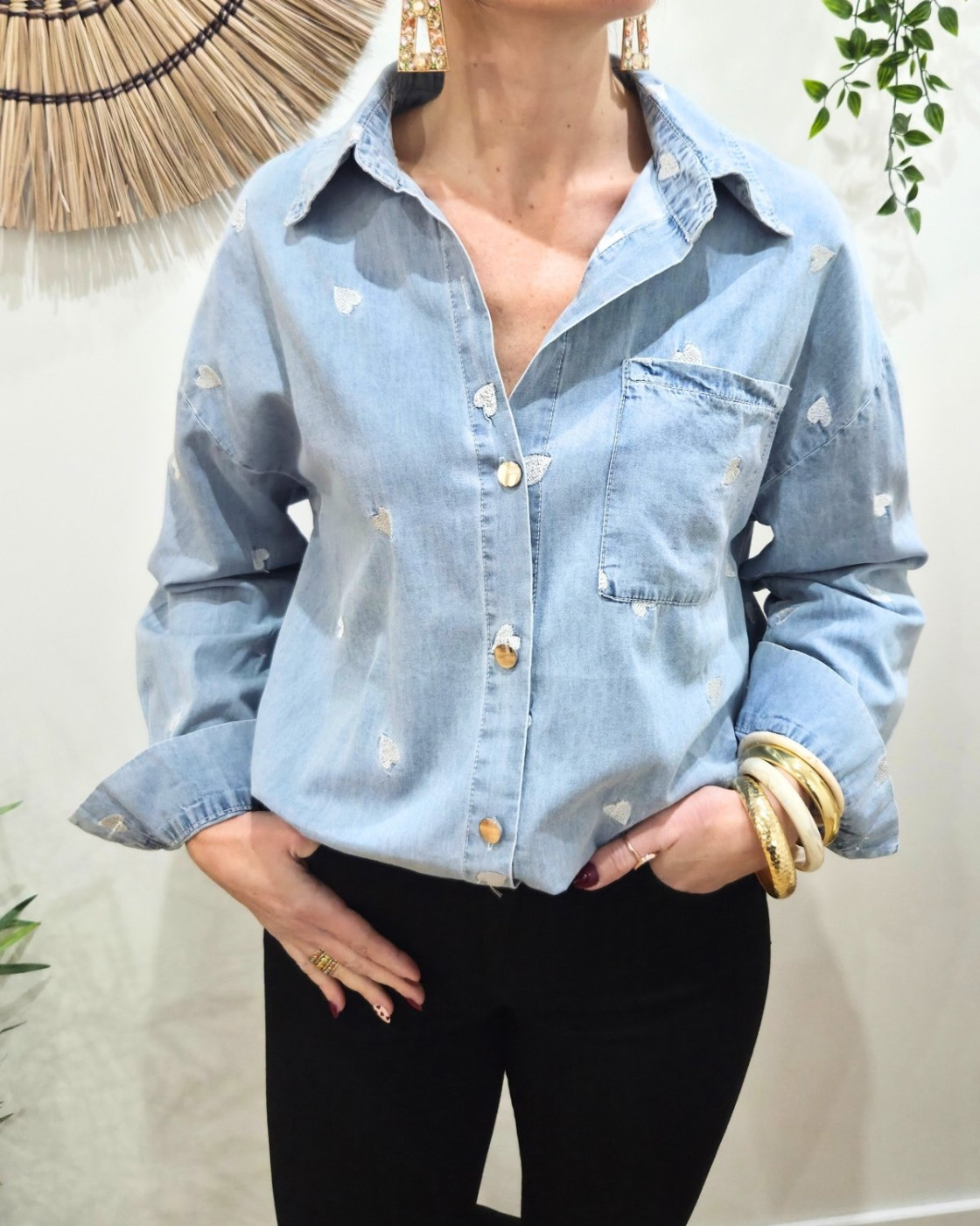 Chemise femme coton bleu jean coeurs argentés