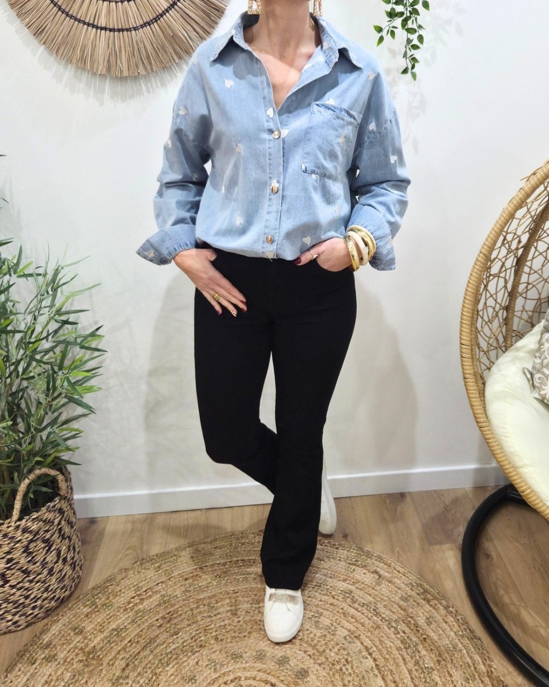 Chemise femme coton bleu jean coeurs argentés