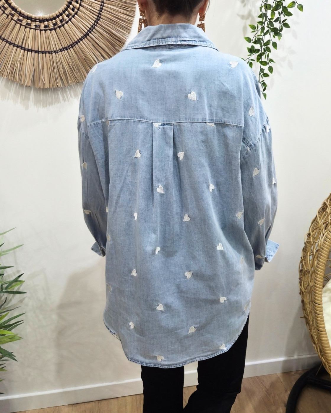 Chemise femme coton bleu jean coeurs argentés