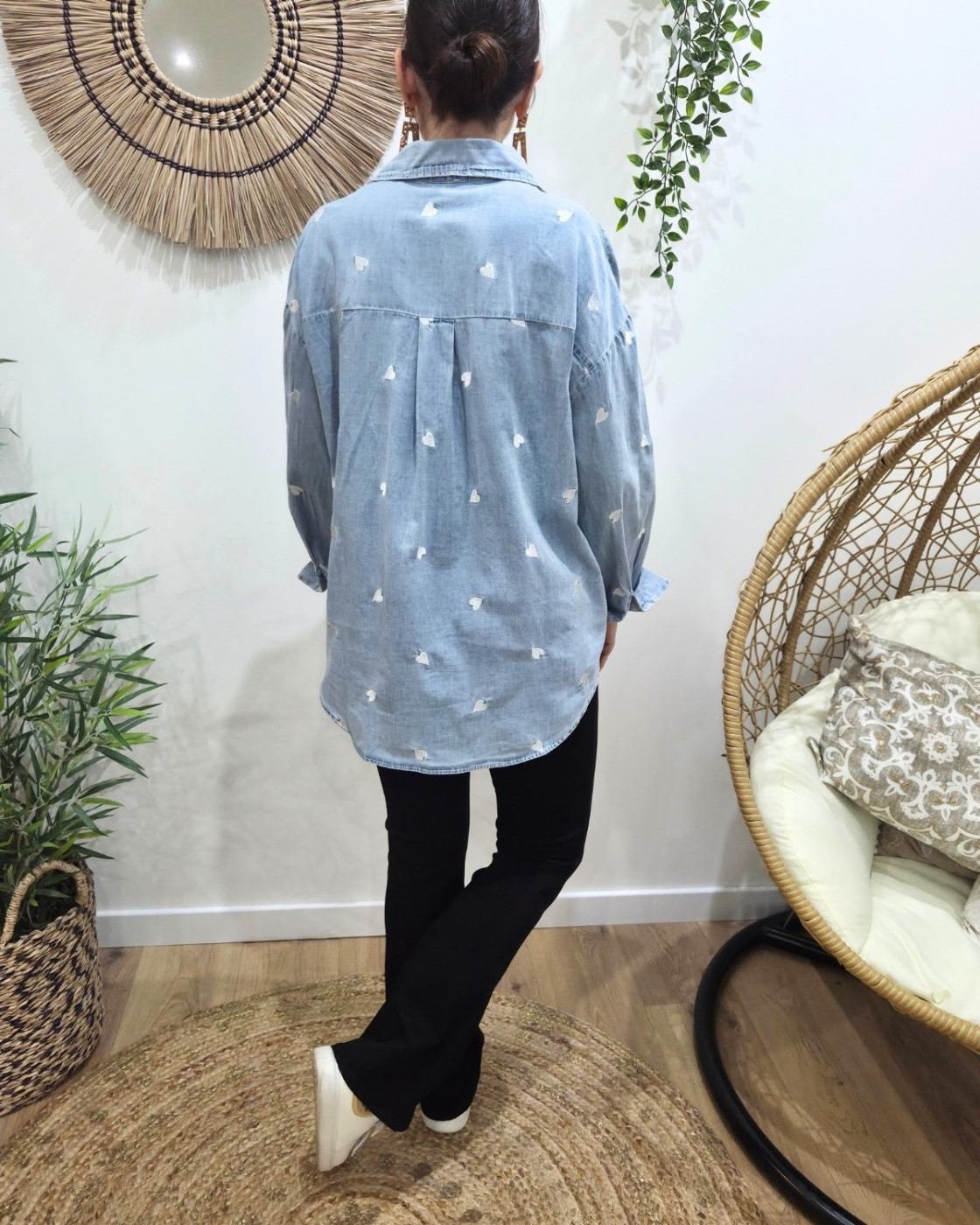 Chemise femme coton bleu jean coeurs argentés