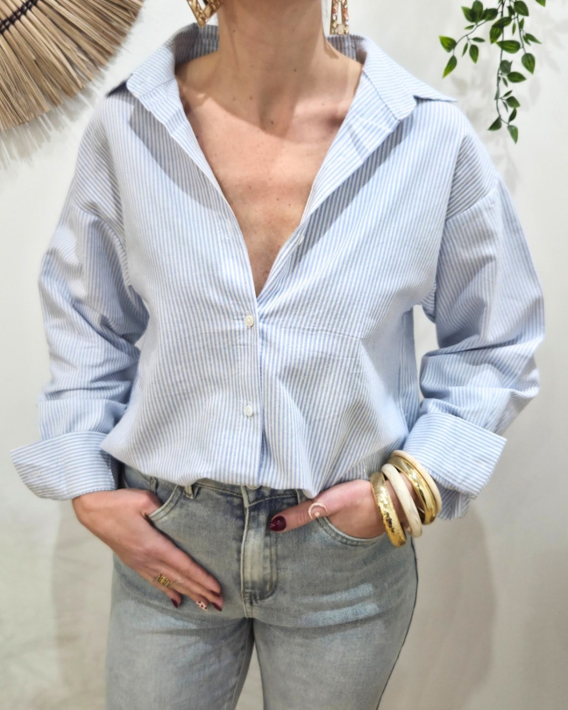 Chemise femme rayé bleu et blanche broderie dos Hello sunshine rouge