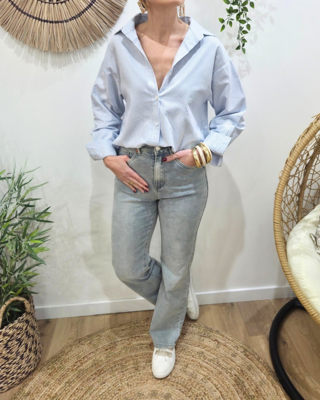 Chemise femme rayé bleu et blanche broderie dos Hello sunshine rouge