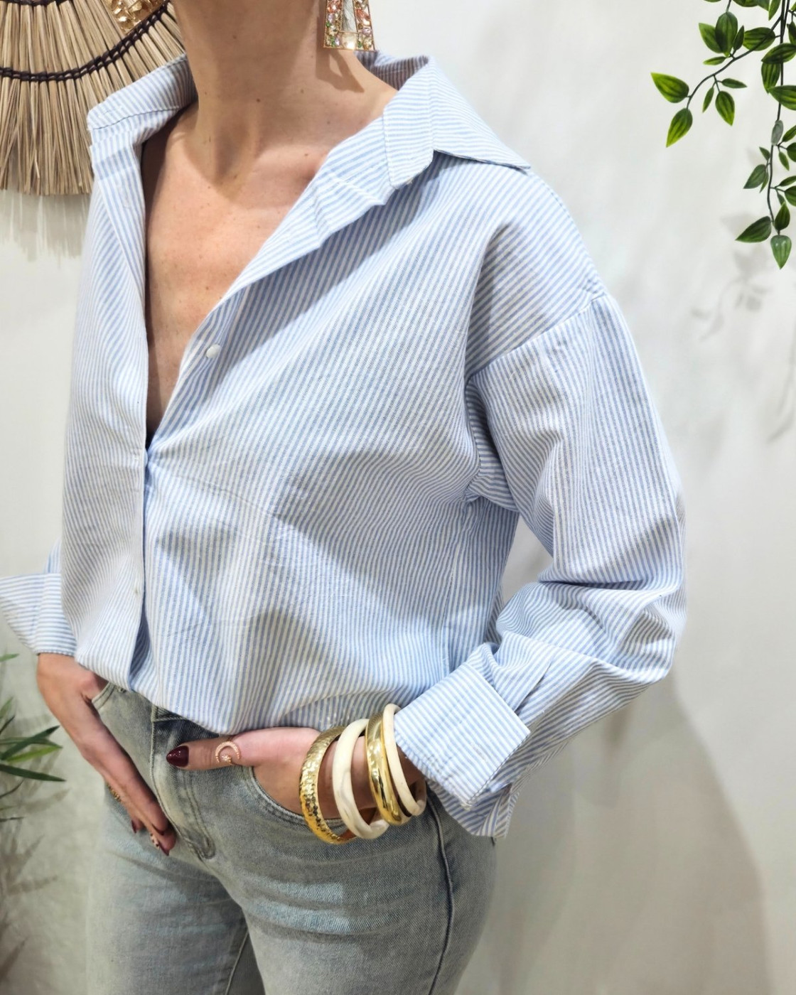 Chemise femme rayé bleu et blanche broderie dos Hello sunshine rouge