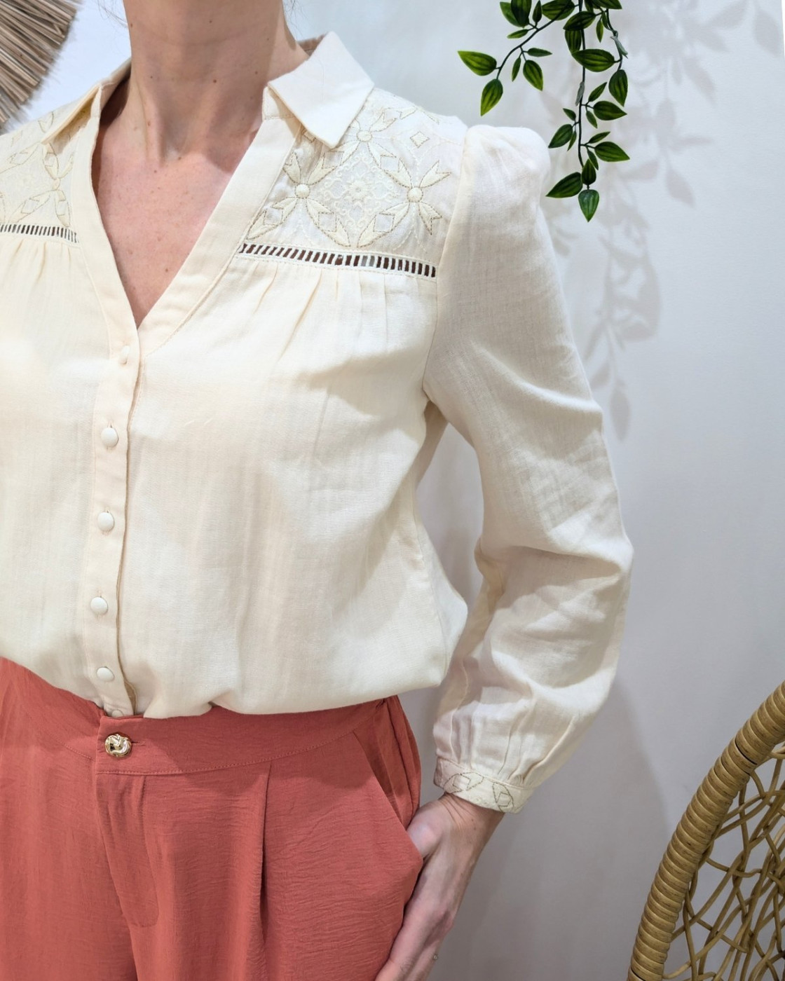 Chemisier femme beige broderies dorées Oksana