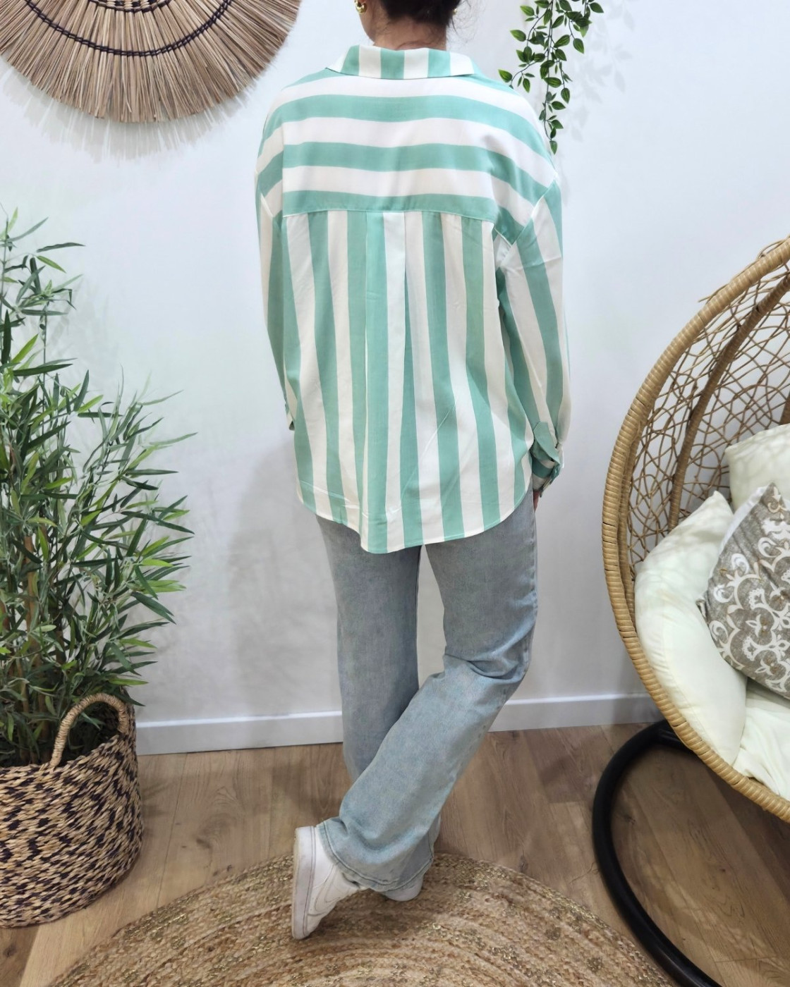 Chemisier femme rayé vert d'eau et blanc