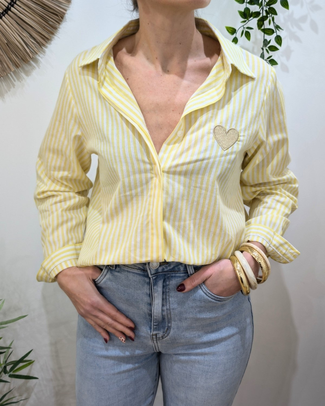 Chemisier femme rayé jaune et blanc coeur doré