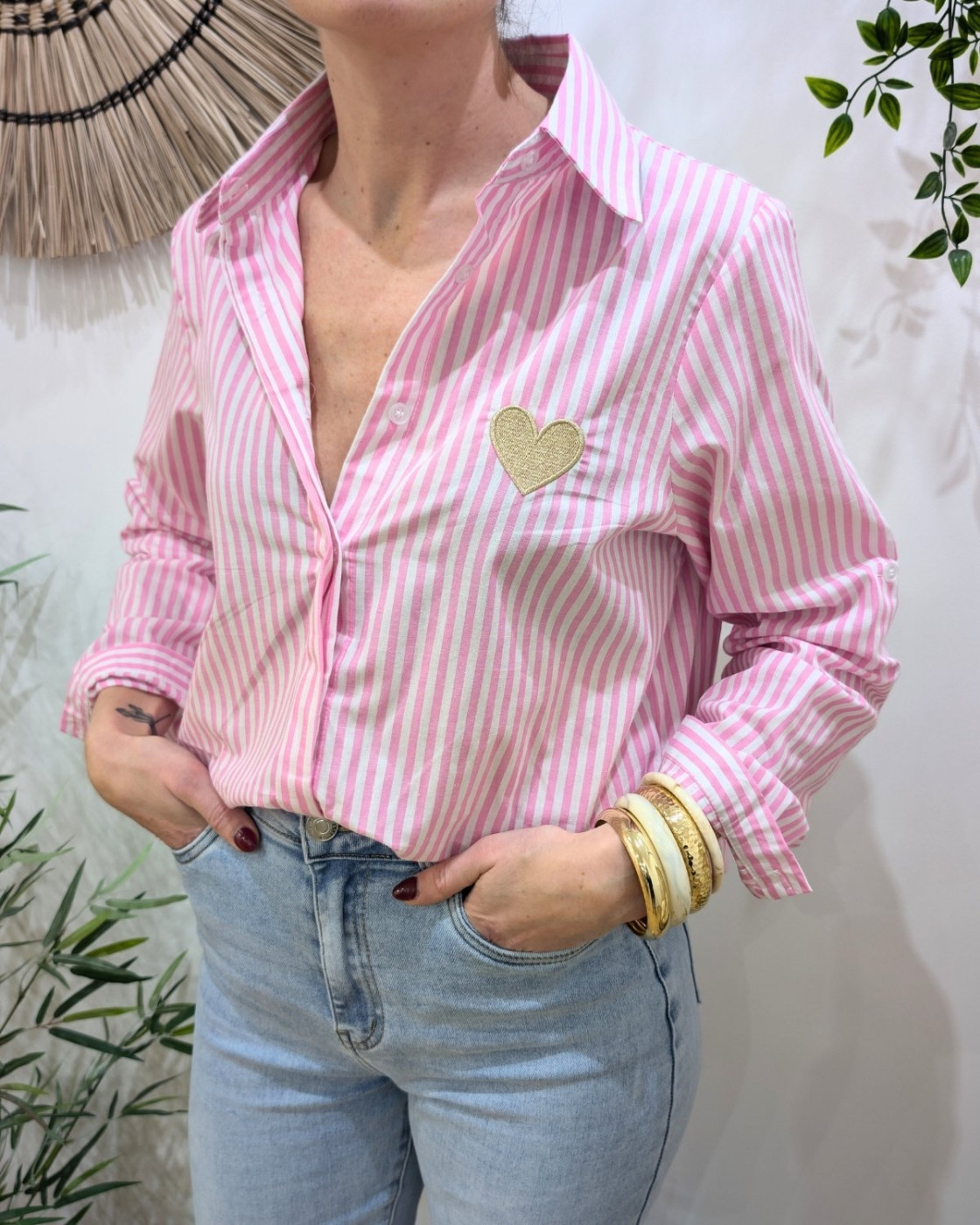 Chemisier femme rayé rose et blanc coeur doré