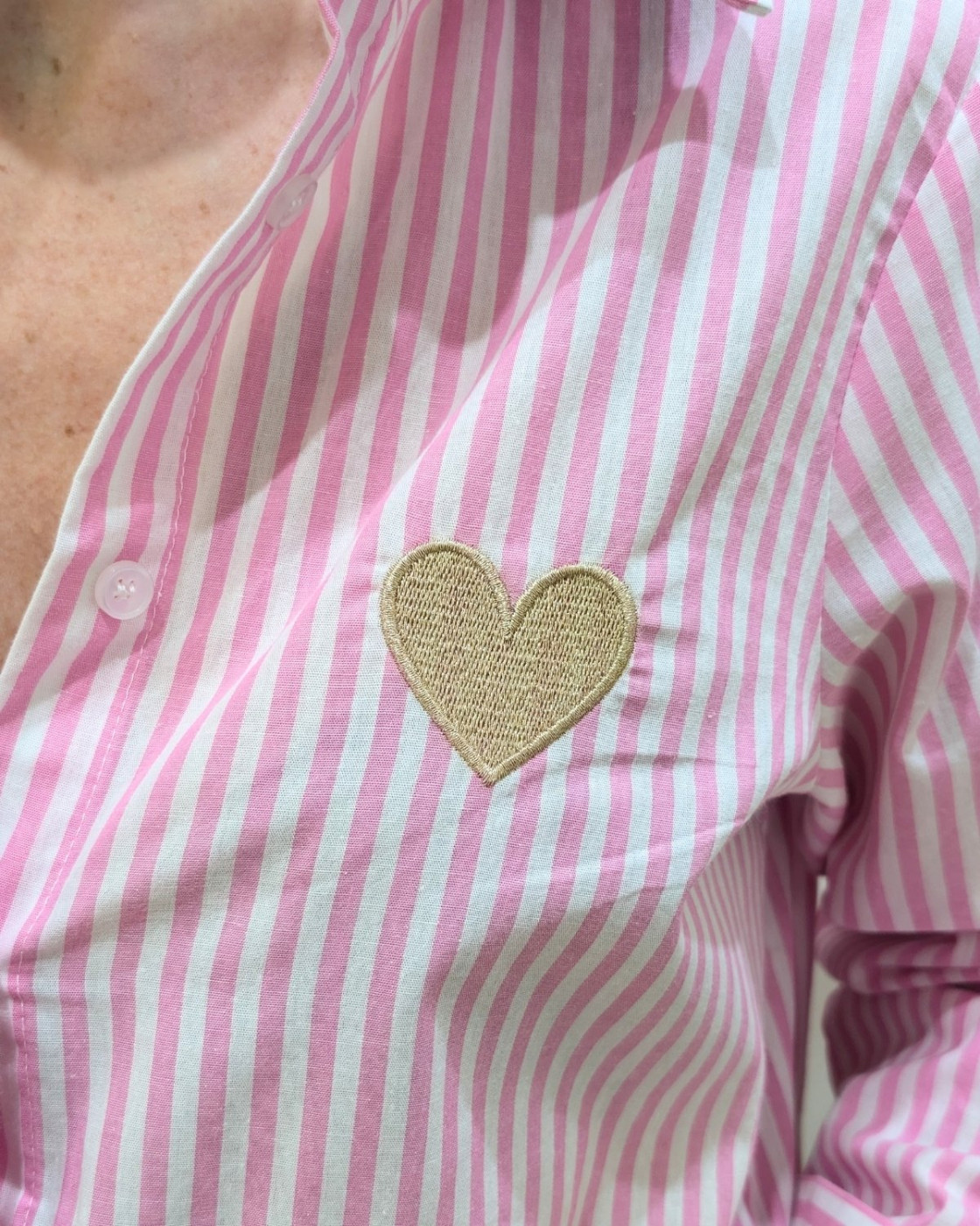 Chemisier femme rayé rose et blanc coeur doré