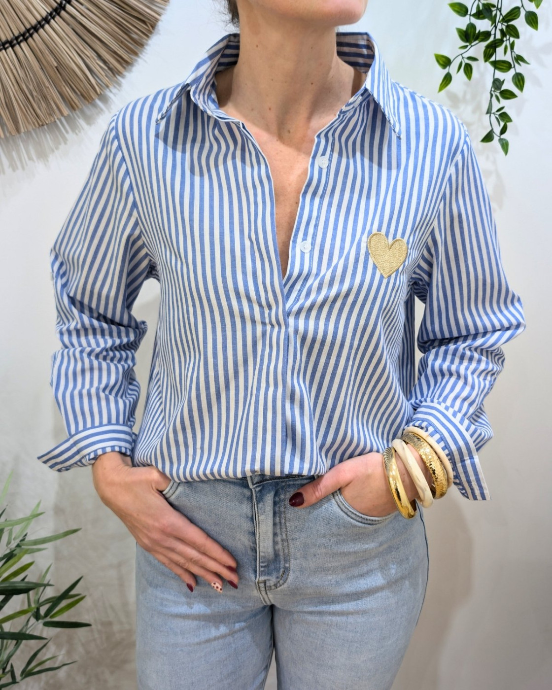 Chemisier femme rayé bleu et blanc coeur doré