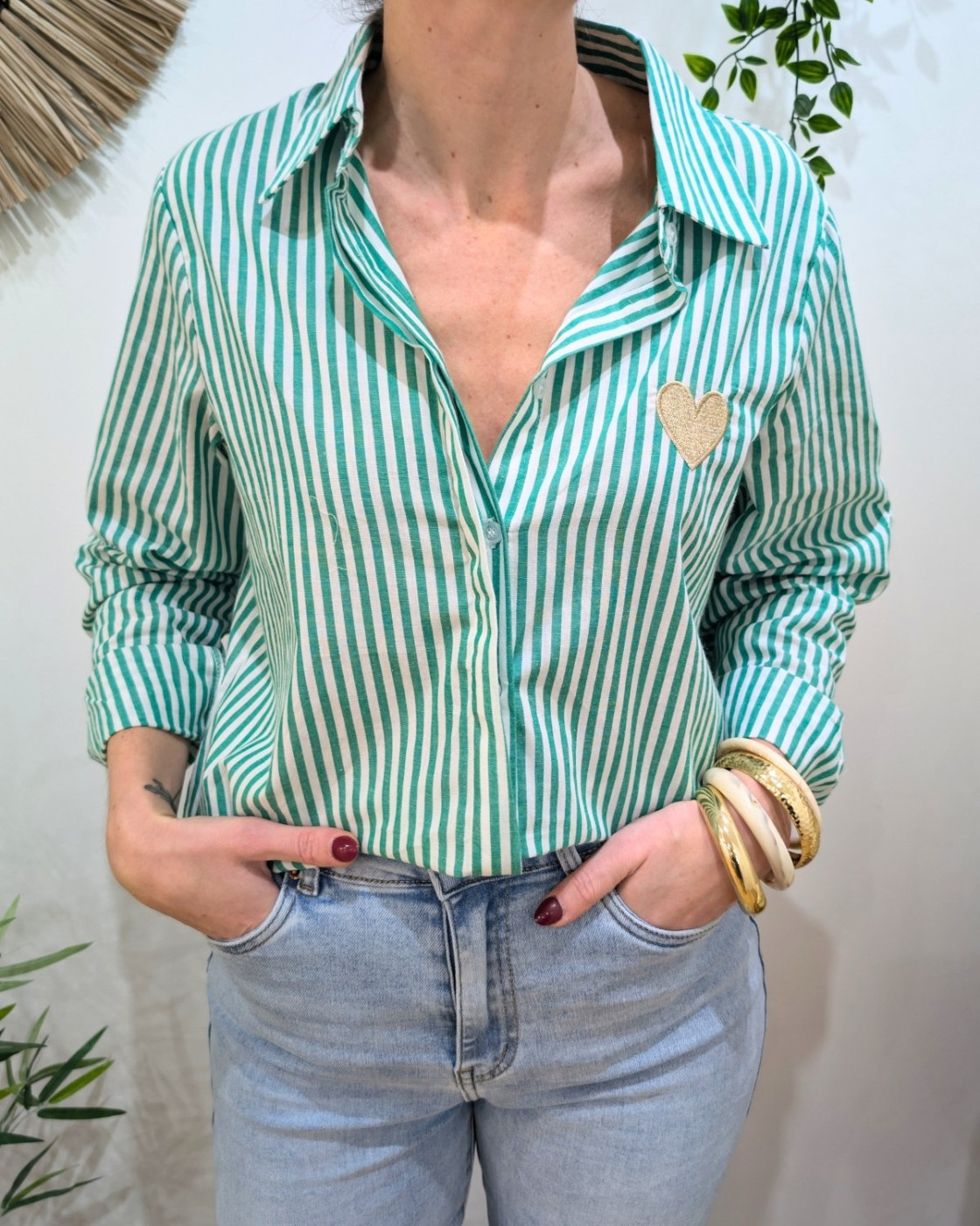 Chemisier femme rayé vert et blanc coeur doré